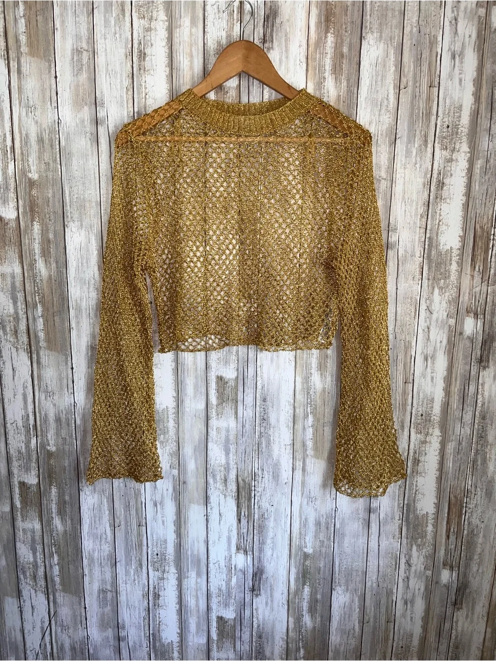 Zara Gold Metallic Crochet Fishnet Crop Sweater Bell Sleeve Cover Up M